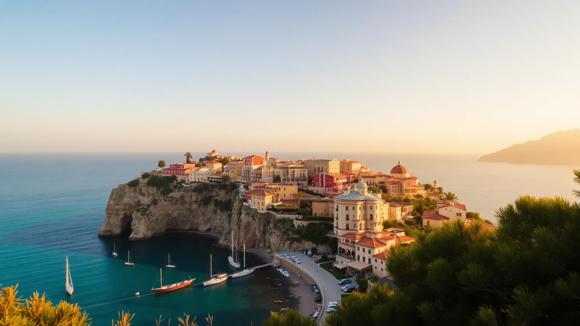Riviera coastline at golden hour with turquoise water and cliffside villas